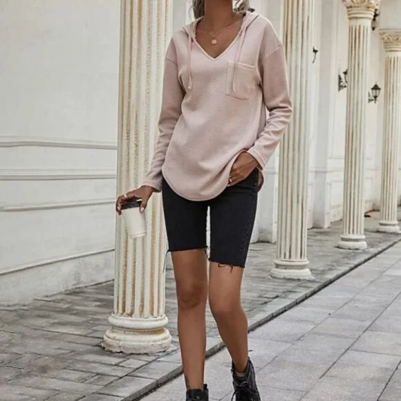 Comfy Curved Hem  Drop Shoulder Drawstring Hoodie Top light apricot blush - Picture 8 of 8
